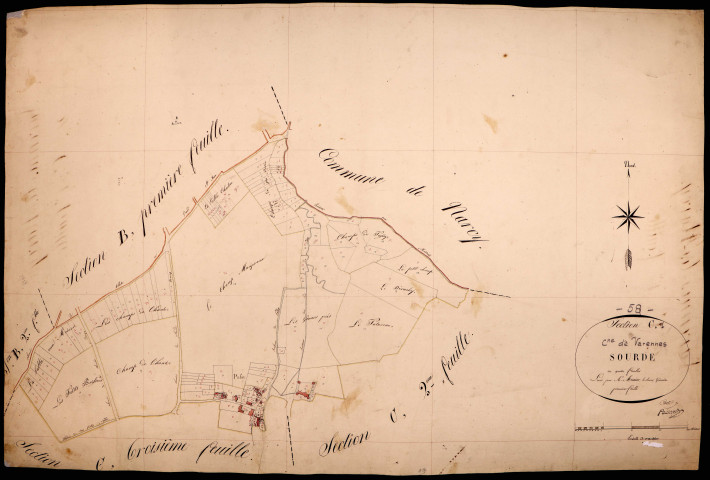 Varennes-lès-Narcy, cadastre ancien : plan parcellaire de la section C dite de Sourdes, feuille 1
