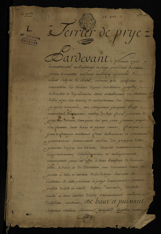 Terrier de Prye dressé par Frebault, notaire royal, pour Emmanuel-Gaspard-Jeanne-Marie Du Bourg, marquis de Bozas, et Louise de Las de Prye son épouse, seigneur et dame de Saint-Benin-d'Azy, Valotte, Cherault, Trailles, Vannay, Mousseaux-sur-Azy, Prye sur l'Ixeure, Le Bouchot, Les Brosses, Imphy et autres terres.