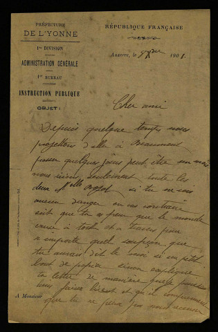 DORENT (Louise), enfant assistée de la Seine, placée à Beaumont-la-Ferrière, à Auxerre et à Paris : 45 lettres.