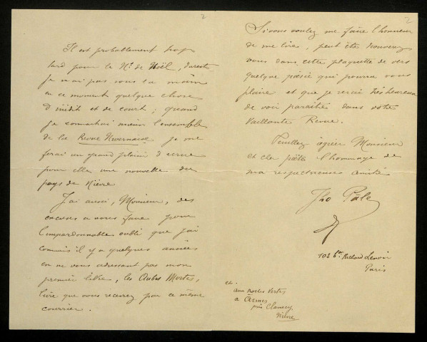 PERREAU (Joseph), dit Jho-Pâle, écrivain et chansonnier (1865-1913) : 4 lettres, 1 photographie.
