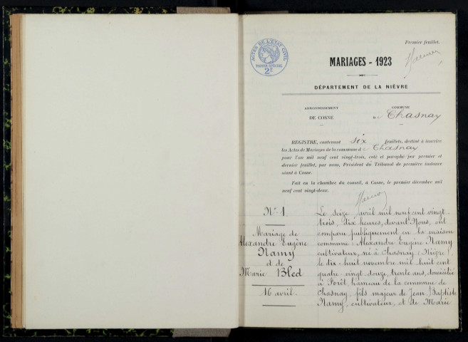 Chasnay : actes d'état civil.
