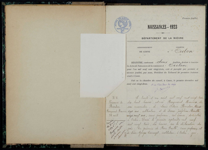 Oulon : actes d'état civil.