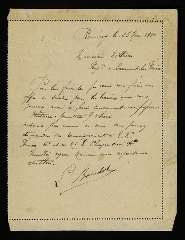BOUDOT (L.), plâtrier à Prémery (Nièvre) : 1 lettre.