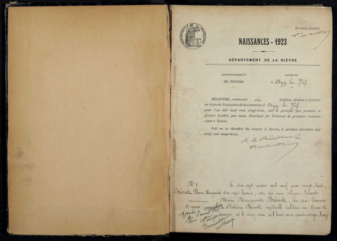 Azy-le-Vif : actes d'état civil.