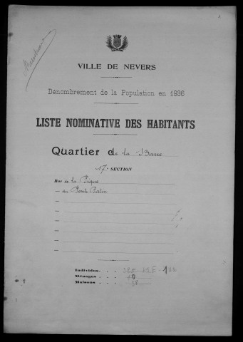 Nevers, Quartier de la Barre, 17e section : recensement de 1936