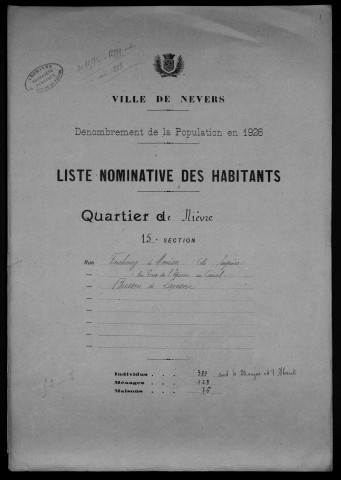 Nevers, Quartier de Nièvre, 15e section : recensement de 1926