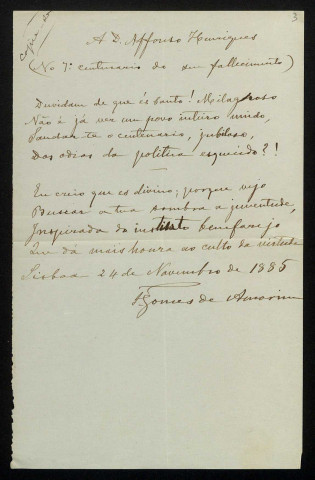GOMES DE AMORIM (Francisco), poète à Lisbonne : 1 lettre, manuscrit.