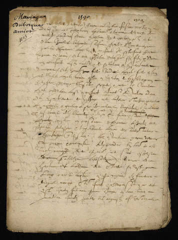 Mariage de Maître Philibert du Bosc de Moulins-Engilbert, fils de Jean « du Bosque » notaire et praticien au bailliage de Larochemillay, et de Claudine Amyot fille de Michel Amyot élu en l'élection de Château-Chinon : contrat de mariage.