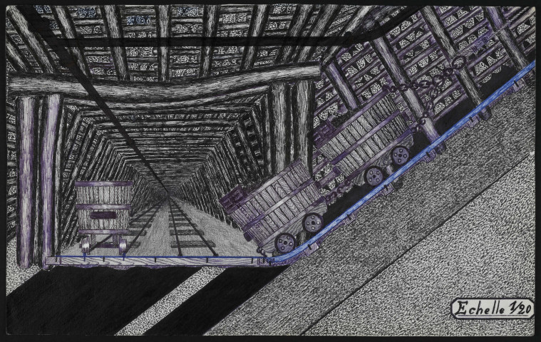 Coupe, plan et carrure du pied et départ de 2 bennes en bois.