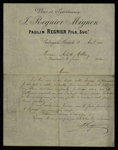 REGNIER (Paulin), négociant à Coulanges-lès-Nevers (Nièvre) : 1 lettre.