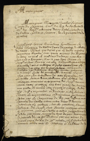 Impôts et taxes (recours de la chartreuse d'Apponay). - Réduction de la taille pour le couvent et les paroissiens de Rémilly : requête (1709), collation de l'arrêt et de l'ordonnance du 14 octobre 1656 extraits des registres du Conseil d'Etat (21 octobre 1705), copie d'une requête du 19 juin 1653 contre Foullé (1653), copie d'une requête du 22 juin 1654 [1709], exploit d'huissier (20 janvier 1709), déclaration aux syndic et collecteurs de la paroisse (9 septembre 1708), lettre de supplique des « pauvres religieux chartreux de Nostre dame d'Apponay » [1709].