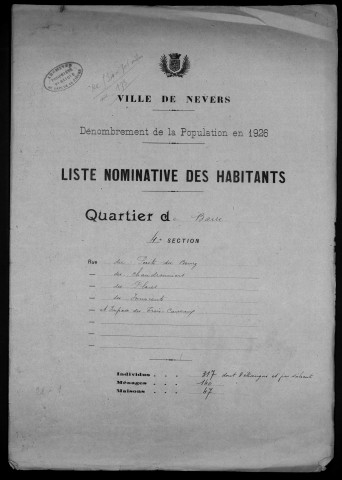 Nevers, Quartier de la Barre, 4e section : recensement de 1926