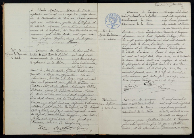 Langeron : actes d'état civil.