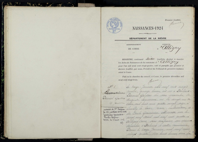 Alligny-Cosne : actes d'état civil.