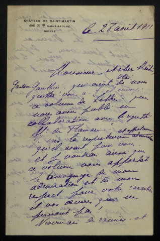 SAINTE-MARIE (Henri Rapine du Nozet, comte de), à Saint-Saulge (1876-1939) : 1 lettre.
