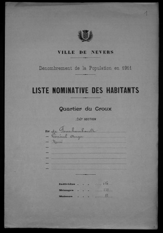 Nevers, Quartier du Croux, 36e section : recensement de 1911