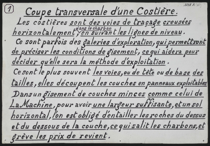 Coupe transversale, coupe d'une costière, pose d'une garniture, bennes en bois.