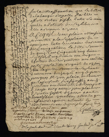 Contentieux (procédure civile). - Obligation Le Bègue, assignation par la veuve du lieutenant d'artillerie [Flament] adjudicataire de la terre de La Chassaigne contre Anjorand et Hurtault sa femme : document de requête.