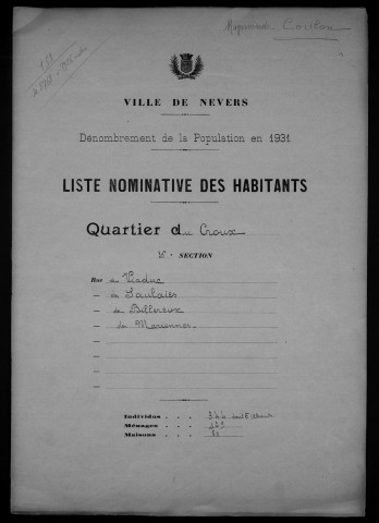 Nevers, Quartier du Croux, 36e section : recensement de 1931
