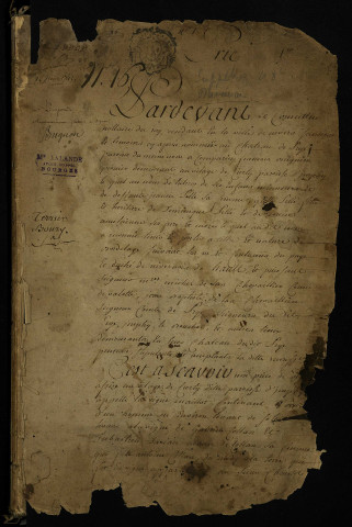 Terrier de Prye dressé par le notaire Roury pour Michel de Las, chevalier, comte de Valotte, et Jean-Baptiste de Las, chevalier, comte de Prye, seigneurs de Prye, Imphy, Le Bouchot et autres lieux.
