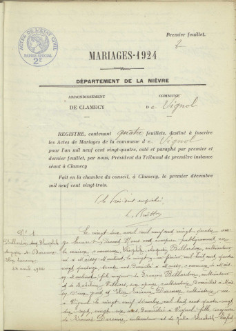 Vignol : actes d'état civil.