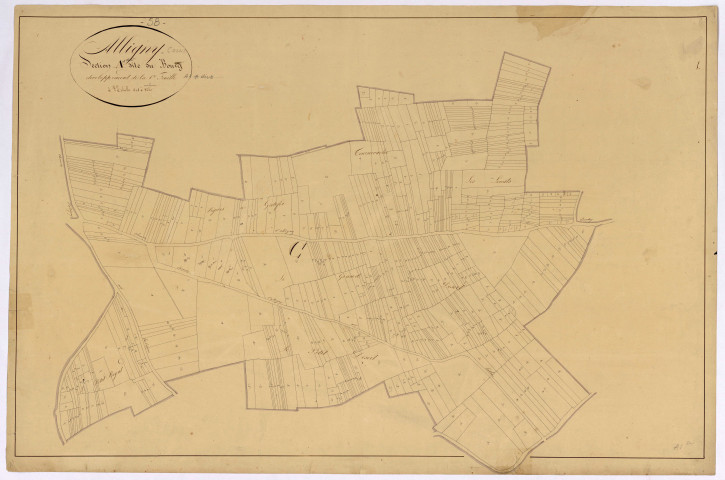 Alligny-Cosne, cadastre ancien : plan parcellaire de la section A dite du Bourg, feuille 1, développement 1
