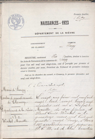 Surgy : actes d'état civil.