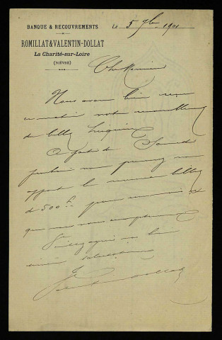 VALENTIN-DOLLAT (Alfred), banquier à La Charité-sur-Loire (Nièvre) : 3 lettres.