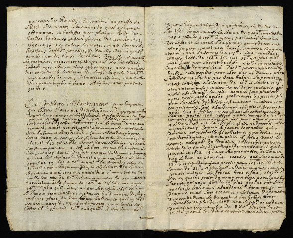 Impôts et taxes (recours de la chartreuse d'Apponay). - Réduction de la taille pour le couvent et les paroissiens de Rémilly : requête (1709), collation de l'arrêt et de l'ordonnance du 14 octobre 1656 extraits des registres du Conseil d'Etat (21 octobre 1705), copie d'une requête du 19 juin 1653 contre Foullé (1653), copie d'une requête du 22 juin 1654 [1709], exploit d'huissier (20 janvier 1709), déclaration aux syndic et collecteurs de la paroisse (9 septembre 1708), lettre de supplique des « pauvres religieux chartreux de Nostre dame d'Apponay » [1709].