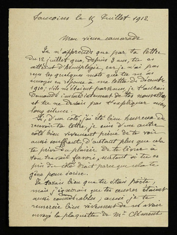 PAULTRE (L.), ami d'Achille Millien à Sancoins (Cher) : 1 lettre.