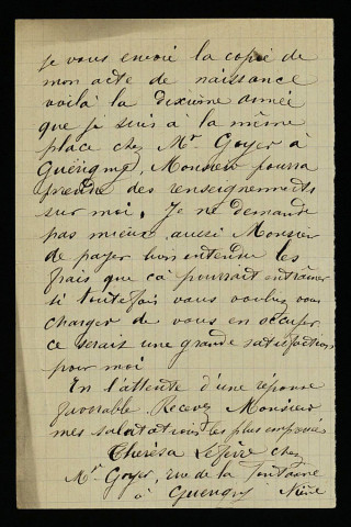 LEFÈVRE (Thérèse), enfant assistée de la Seine, à Guérigny (Nièvre) (née en 1881) : 3 lettres.