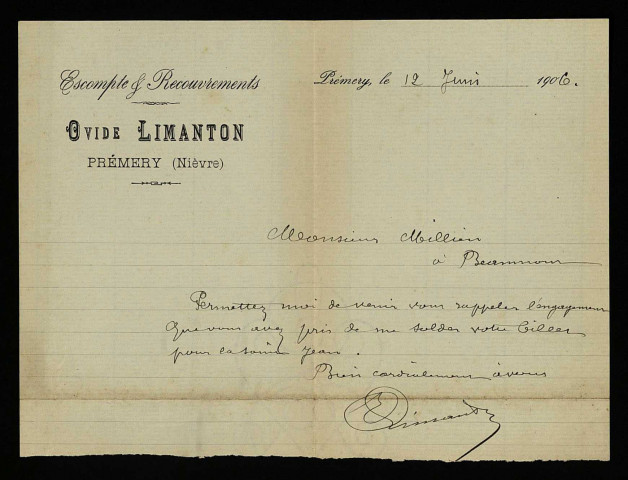 LIMANTON (Ovide), prêteur à Prémery (Nièvre) : 3 lettres.