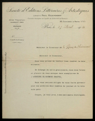 OLLENDORFF (Paul), libraire à Paris : 1 lettre.