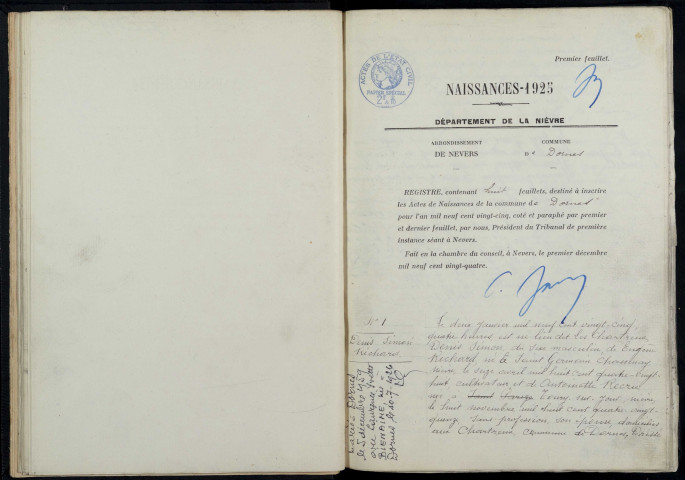 Dornes : actes d'état civil.