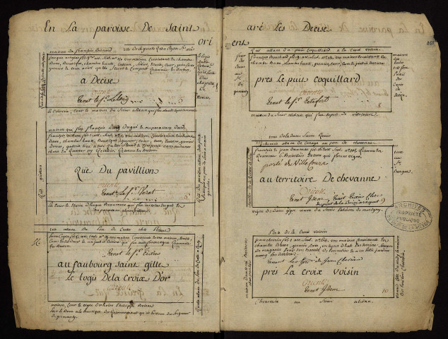 Tenures roturières à Decize et ses environs : terrier figuratif contenant aussi trois dessins parcellaires du domaine de Baugy.