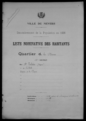 Nevers, Quartier de la Barre, 10e section : recensement de 1936