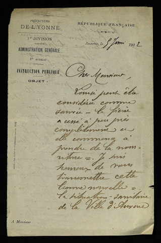 ROJOT (A.), employé de préfecture à Auxerre, attaché à Louise Dorent : 6 lettres.