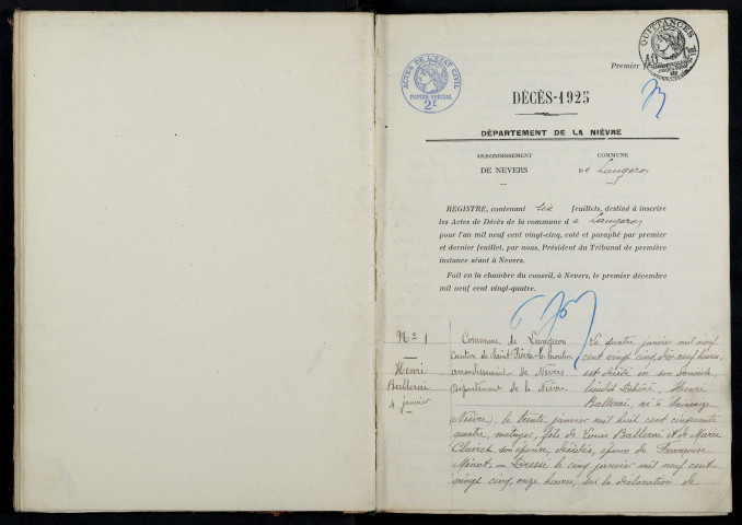 Langeron : actes d'état civil.