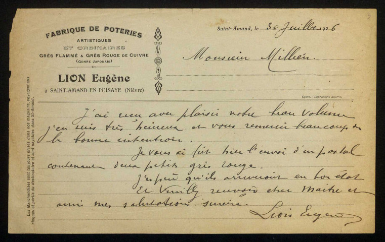 LION (Eugène), potier à Saint-Amand-en-Puisaye (Nièvre) : 3 lettres.