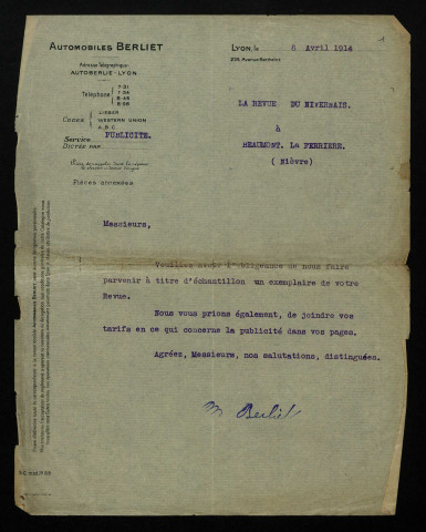 BERLIET, industriel à Lyon : 1 lettre.