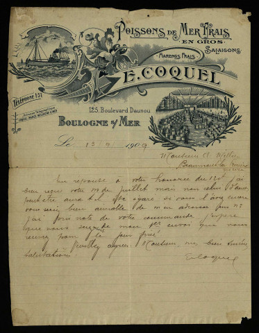 COQUEL, poissonnier à Boulogne-sur-Mer (Pas-de-Calais) : 2 lettres.
