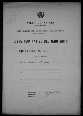 Nevers, Quartier du Croux, 10e section : recensement de 1931