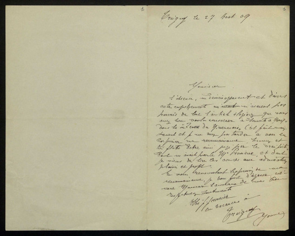 GROSSIER (Georges), poète et curé de Treigny (Yonne) (1879-1968) : 1 lettre.