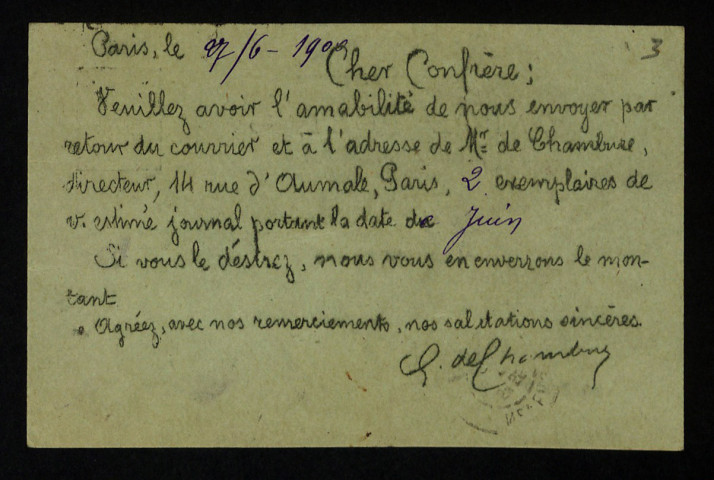 CHAMBURE (Hugues de) : 3 lettres, manuscrits.