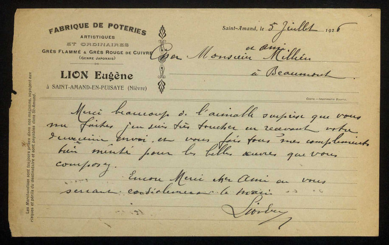 LION (Eugène), potier à Saint-Amand-en-Puisaye (Nièvre) : 3 lettres.