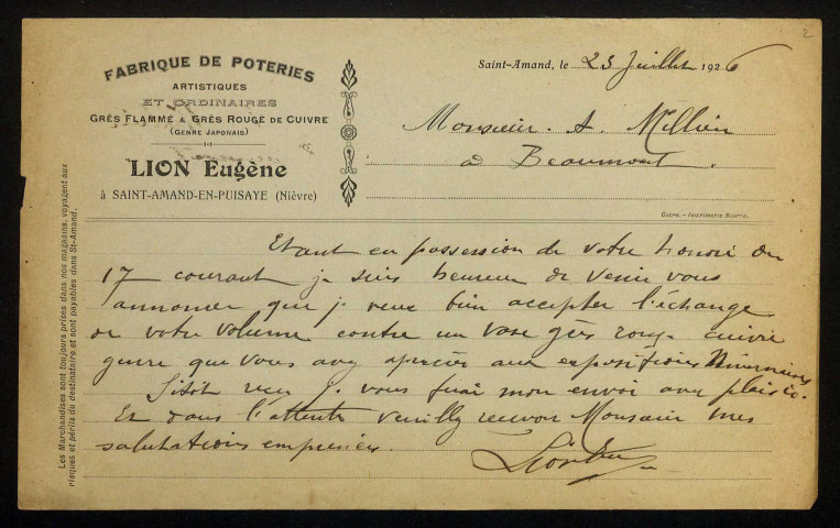 LION (Eugène), potier à Saint-Amand-en-Puisaye (Nièvre) : 3 lettres.