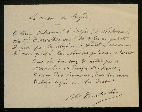 TOURTOULON (baron de), poète, directeur de la Revue du Monde latin : 1 lettre, manuscrits.