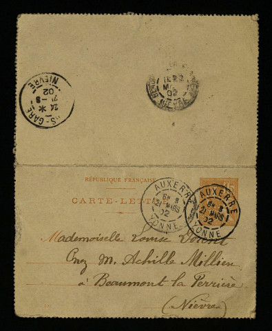 ROJOT (A.), employé de préfecture à Auxerre, attaché à Louise Dorent : 6 lettres.