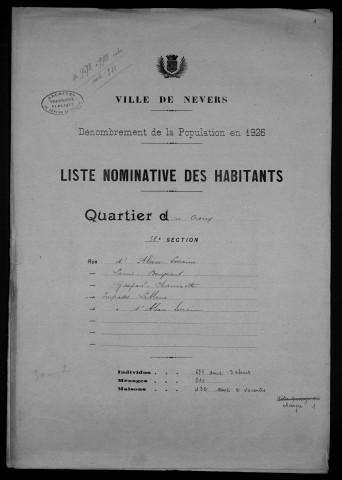 Nevers, Quartier du Croux, 38e section : recensement de 1926