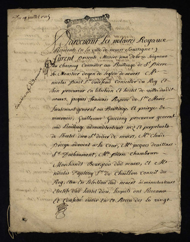 Biens et droits. - Obligation Le Bègue, amortissement par La Chassaigne, de Lucenay, Tenon et consorts envers l'Hôtel-Dieu Saint-Didier de Nevers subrogé Sallonnier : copie d'une reconnaissance du 14 mai 1715.